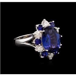 4.70ct Tanzanite, Sapphire and Diamond Ring - 14KT White Gold