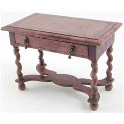 A Miniature walnut side table, of William and Mary style with single frieze drawer, barley twist...