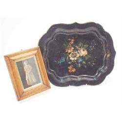 A 19th century papier mache tray, painted with a central floral spray together with a maple pictu...