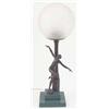 Image 1 : An Art Deco spelter figural lamp and shade, in the form of a nude woman standing by a column, lat...