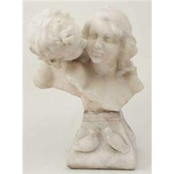 An Italian late 19th century alabaster group of young lovers, carved as the heads of two children...