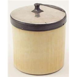 An early Victorian ivory and silver-plated tobacco jar, the cylindrical section with hinged cover...
