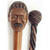 Image 1 : A Maori walking stick and a knot stick, the former carved with the head of a Maori warrior, the o...