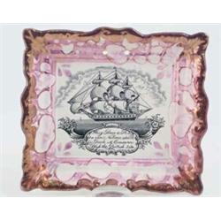 A Dixon, Phillips & Co, Sunderland pink lustre plaque, printed with a ship and vessel in black mo...
