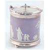 Image 1 : A Wedgwood lilac jasperware biscuit barrel, with silver plated cover and swing handle, 9.5ins...