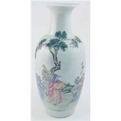 A 19th century Canton  Famille Rose  baluster vase, painted with elders and craggy rock backgroun...