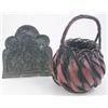Image 1 : A rustic Hanakago basket, worked in broad strips of bamboo plaits in a herringbone design with wo...