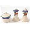 Image 1 : A Clarice Cliff Bizarre 'Solomon's Seal' condiment trio, consisting of salt, pepper and mustard p...