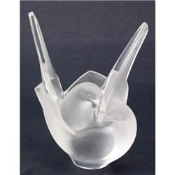 A Lalique frosted glass bird vase, post-war, formed as two nesting birds, their wings raised, eng...
