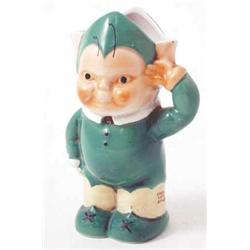 A Mabel Lucie Atwell elf-form milk jug, saluting pose in green costume, from the "Boo-Boo" teaset...