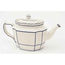 A late 18th century Castleford-type porcelain teapot, with unusual sliding cover, crisply moulded...