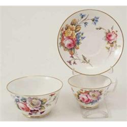 A Sampson Hancock, Derby bone china cup, saucer and sugar bowl, London-shape cup, all painted wit...
