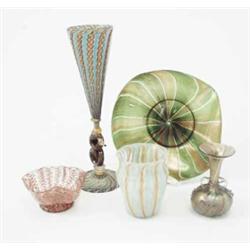 Five items of Venetian glass, comprising a tapering vase with snake support, two smaller vases, a...