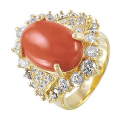 14KT Yellow Gold Coral and Diamond Ring - #1472