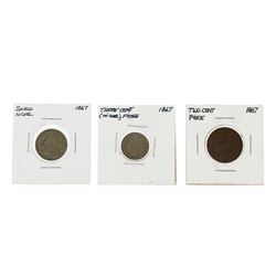 1867 2 Cent Piece, 3 Cent Nickel, and 5 Cent Shield Nickel Coin set