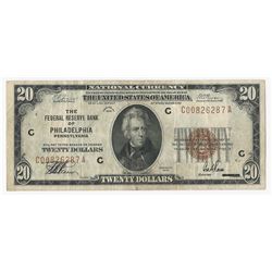 1929 $20 National Currency Note Bank of Philadelphia, PA