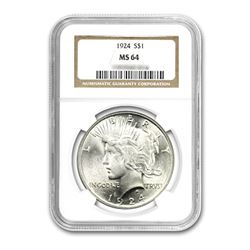 1924 $1 Peace Silver Dollar NGC MS64
