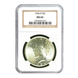 1934-D $1 Peace Silver Dollar - NGC MS64