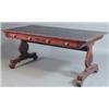 Image 1 : A Regency mahogany library table, with brown skiver and two real and two dummy drawers on lyre sh...
