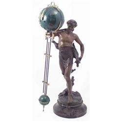 A late 19th century French spelter novelty clock, with 2-colour bronze patination, in the form of...