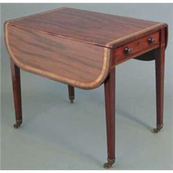 A George IV mahogany Pembroke table, with satinwood banded top and frieze drawer, on square taper...