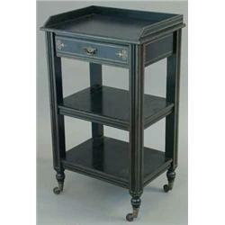 A Victorian ebonised and painted side washstand, with frieze drawer and 2 open shelves on toupie...
