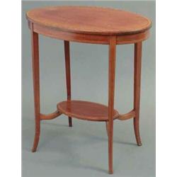 An Edwardian inlaid mahogany occasional table, with oval satinwood crossbanded top on square tape...