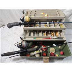 PLANO TACKLE BOX AND TWO RODS REELS LURES MORE