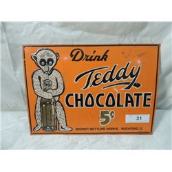 VINTAGE PRESSED TIN TEDDY CHOCOLATE DRINK SIGN