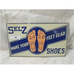 VINTAGE SELZ SHOES PRESSED TIN SIGN MAKE FEET GLAD