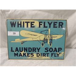VINTAGE WHITE FLYER SOAP PRESSED TIN SIGN