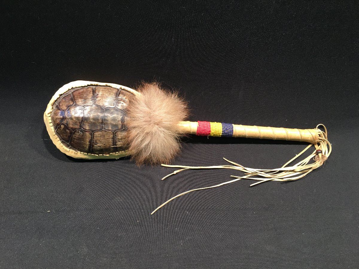 BC FIRST NATIONS TURTLE SHELL RATTLE WITH BEADED / LEATHER HANDLE AND FUR