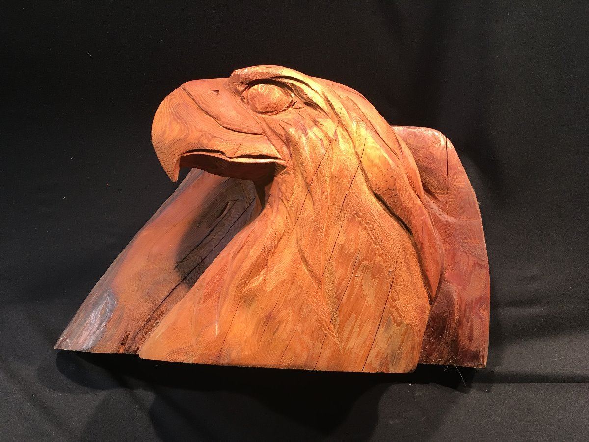 ROUGH CARVED EAGLE HEAD, ARTIST UNKNOWN, CARVING MEASURES: 28" W X 17 ...