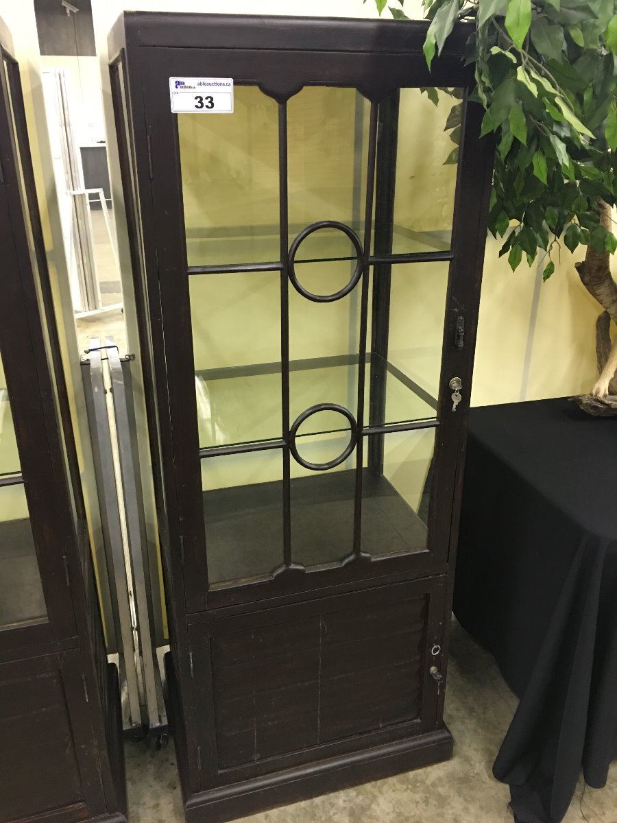 Dark Wood Glass Display Cabinet With Locking Cupboard Below