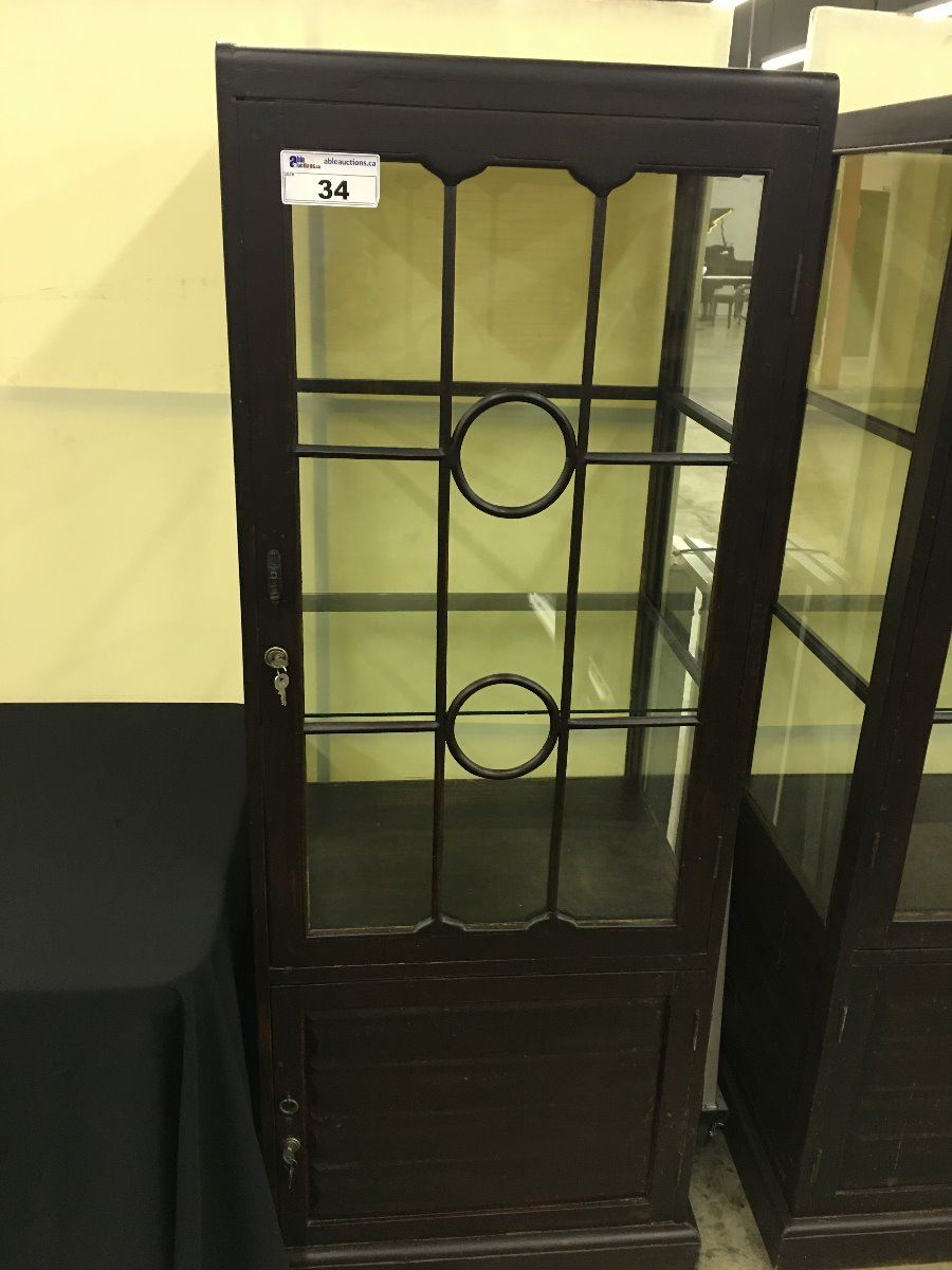 Dark Wood Glass Display Cabinet With Locking Cupboard Below
