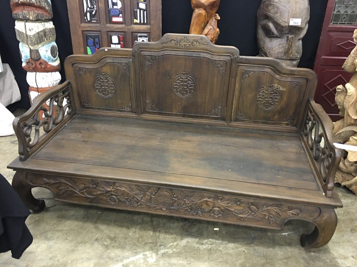 Exotic Bench LARGE HEAVILY CARVED DARK EXOTIC WOOD ASIAN BENCH,