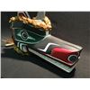 Image 2 : WOLF MASK WITH BRAIDED CEDAR BARK HAIR AND ABALONE INLAYS BY WILLIE HAWKINS, KINGCOME INLET, 18" X