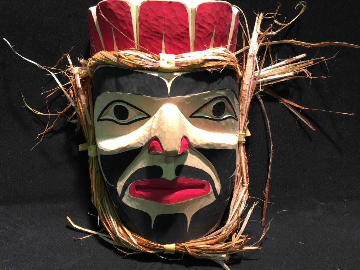 WARRIOR CHIEF MASK WITH CEDAR BARK HAIR CARVED BY EMIL THIBERT ...