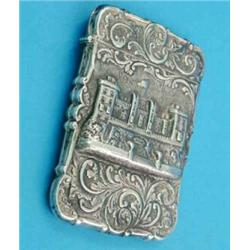 A Victorian silver 'castle top' card case, decorated with a view of Windsor Castle, Makers initia...