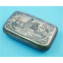 A Russian white metal and niello tobacco box, decorated with a hunter on horseback, 4ins....