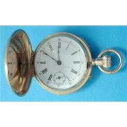 An 18k gold keyless hunter fob watch with Roman dial....