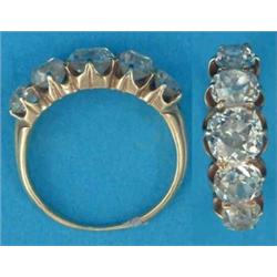 A Victorian gold 5 stone diamond half hoop ring, set old brilliant cut cushion shape stones...