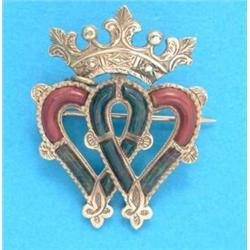 A gold double heart openwork brooch, with coronet surmount, set bloodstone and cornelians...