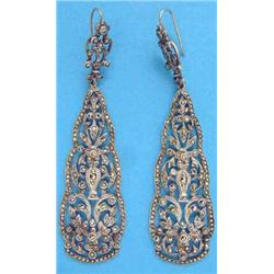 A pair of openwork pendant earrings set marcasites, 3.5ins...