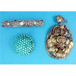 A Continental silver openwork bar brooch, set red and clear pastes, a Victorian gilt metal circul...