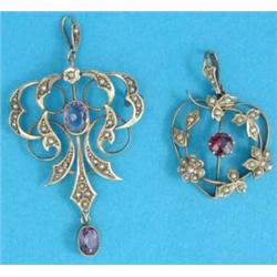 An Edwardian gold openwork pendant, set seed pearls and amethysts, together with a similar heart...