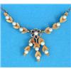 Image 1 : A modern pendant necklace, designed as pairs of leaves, each with a central cultured pearl, on 9c...