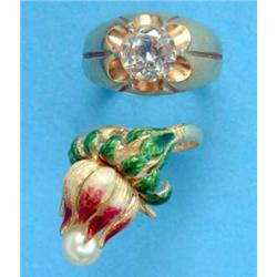 An 18ct gold polychrome enamelled flowerhead ring, set with a cultured pearl, together with a gen...