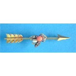 A gold 'arrow' bar brooch, mounted with rose diamond, coral and cultured pearl set insect...