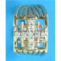 An 18ct gold ring, the square bezel decorated with a diamond set Greek cross, open reeded shoulde...